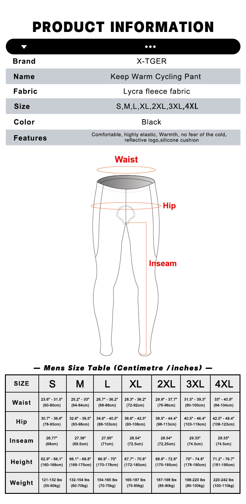 X-TIGER Men’s Windproof Fleece Lined 5D Padded Cycling Tights