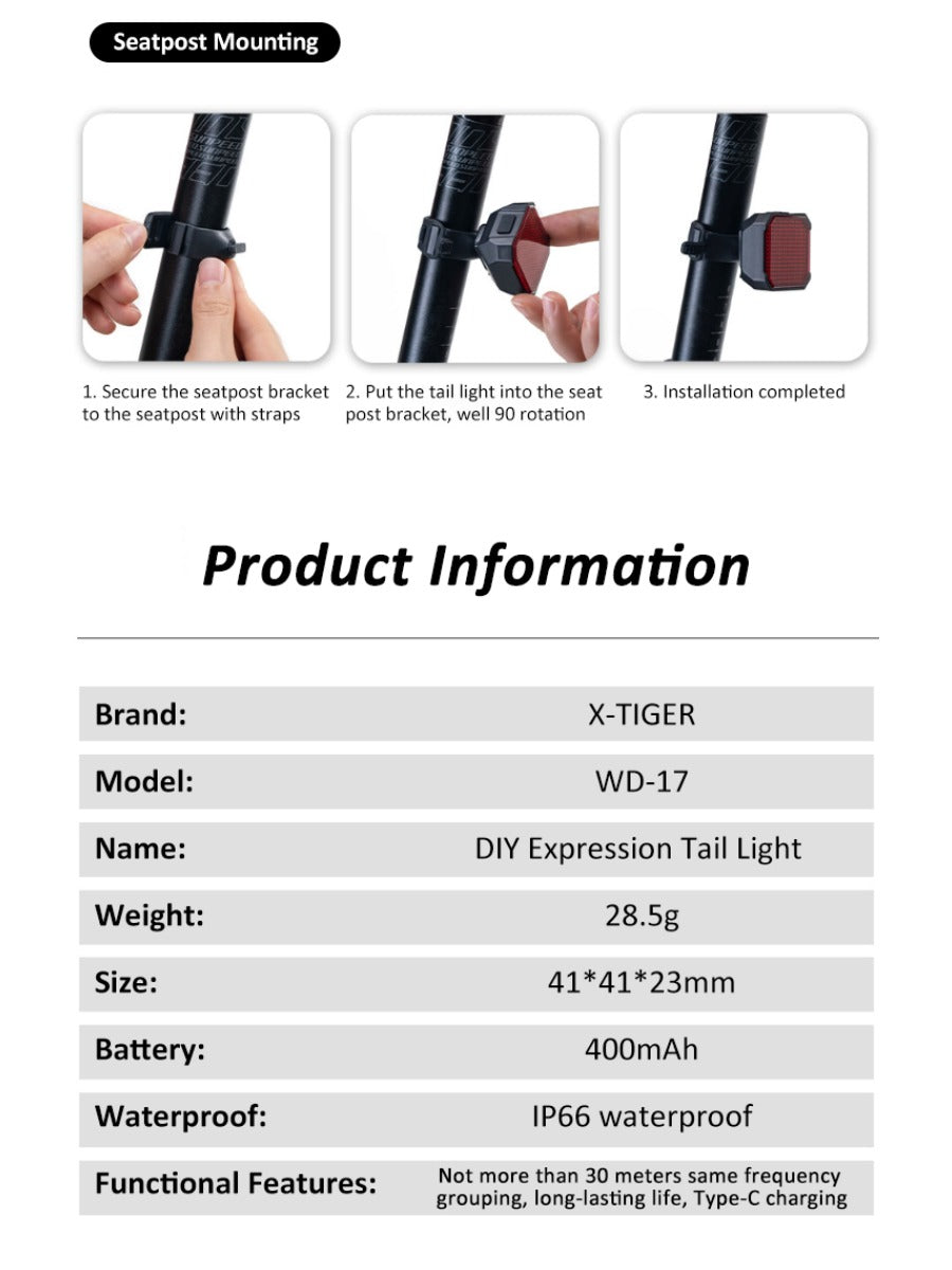 X-TIGER Cycling Tail Light IP66 Waterproof MTB Road Bicycle Light Smart Brake Sensor APP Build Mode Smart Expression Taillight