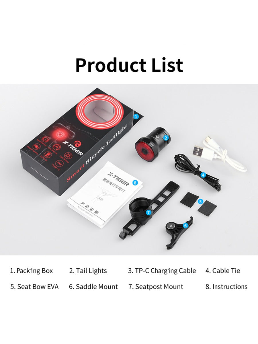 X-TIGER Road Bike Rear Light Smart Brake Sensor Light Bike Tail Light IPX6 Waterproof Rechargeable Tail Light