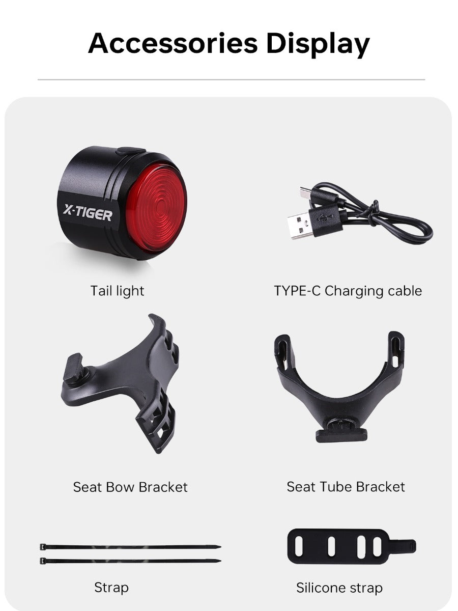 X-TIGER Bike Rear Light High Brightness Smart Brake Sensing Light IPX6 Waterproof LED Charging Taillight