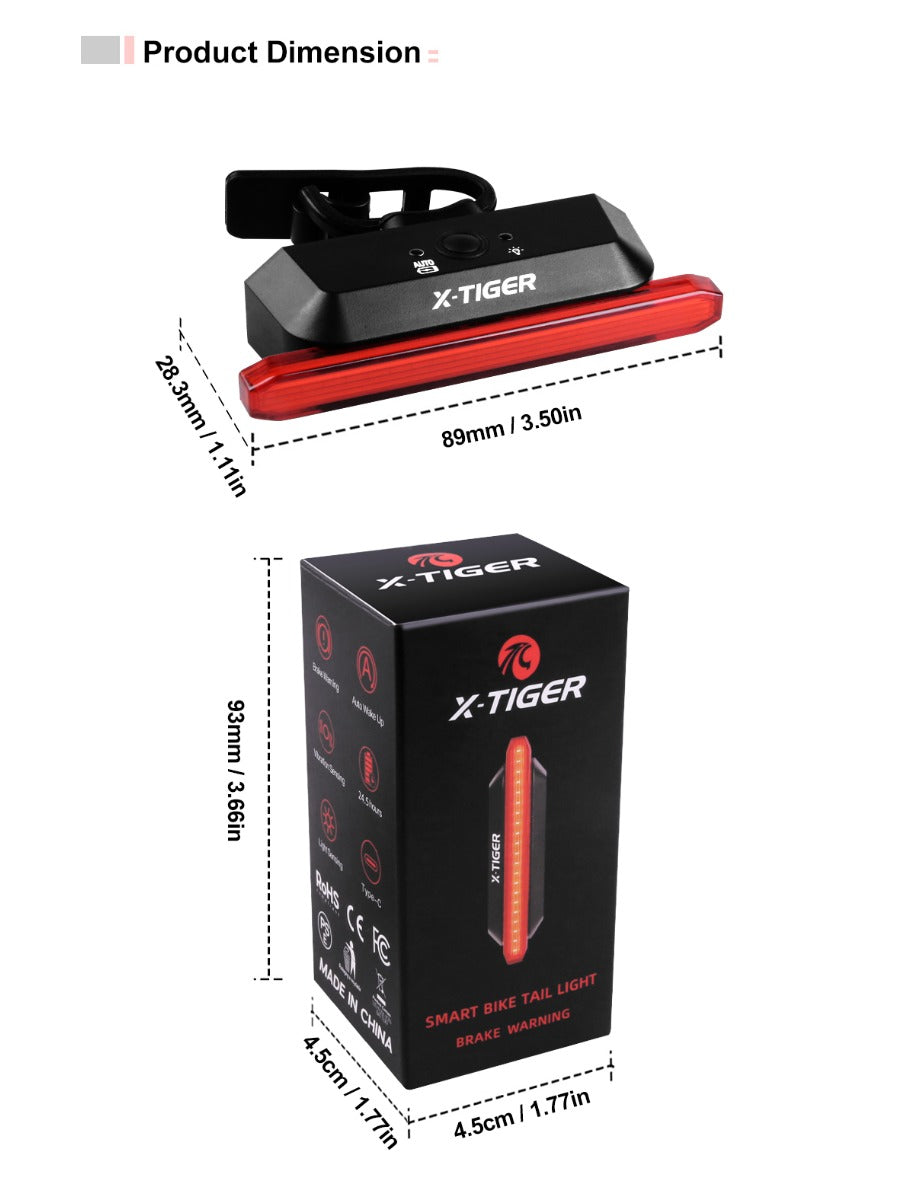 X-TIGER Bicycle Tail Light Smart Brake Sensor Light IPX5 Waterproof LED Rechargeable Cycling Tail Light Warning Light