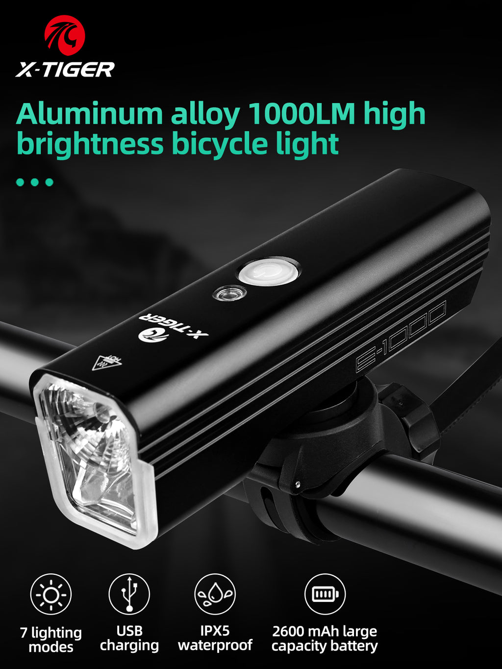 X-TIGER Bicycle Lights IPX5 Waterproof Aluminum Alloy 1000LM Bicycle Front Light Compact Portable Flashlight
