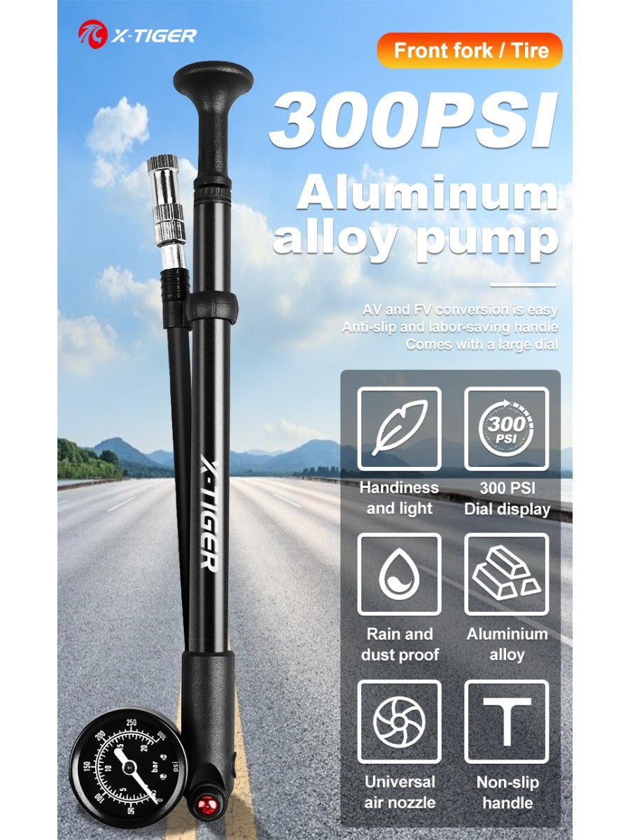 X-TIGER 25cm Shock Pump 300PSI Bicycle Manual Air Pump with Gauge for MTB Fork & Rear Suspension