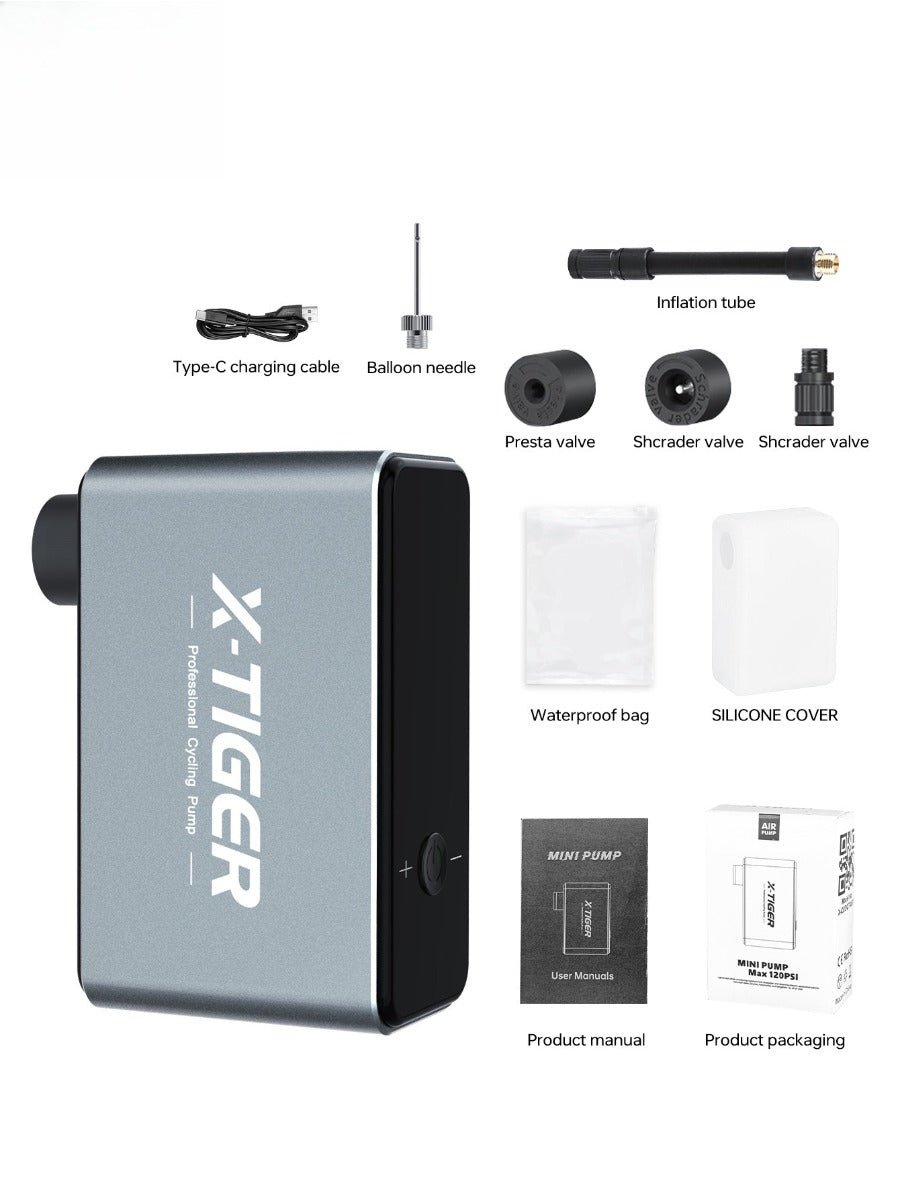 X-TIGER 120PSI Mini Electric Pump for Bicycle Screen Display Lightweight Bike Air Pump 45-Min TYPE-C Charge 2-3 Tires Capacity