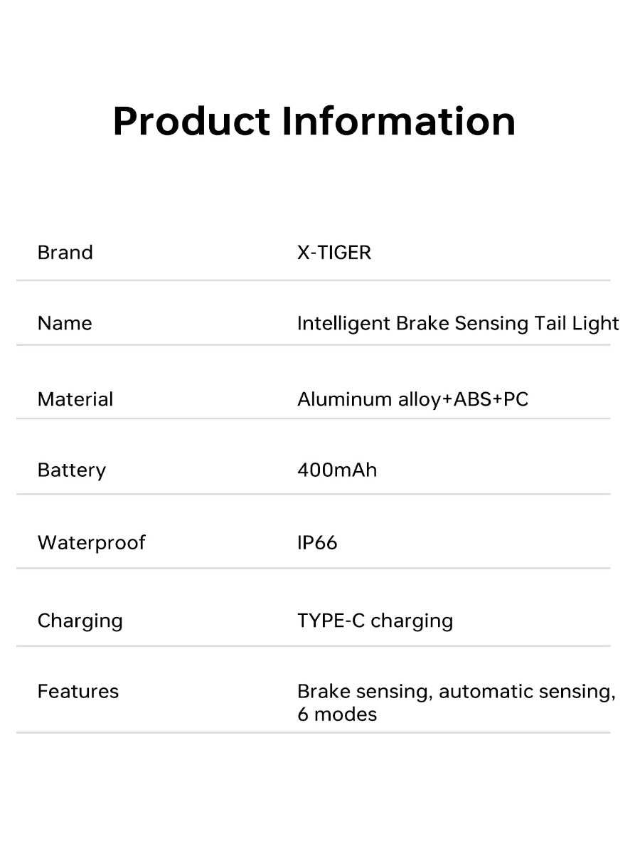 X-TIGER Bike Rear Light High Brightness Smart Brake Sensing Light IPX6 Waterproof LED Charging Taillight