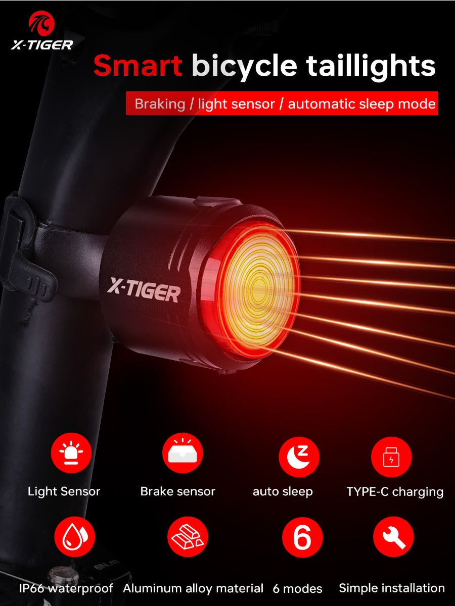X-TIGER Bike Rear Light High Brightness Smart Brake Sensing Light IPX6 Waterproof LED Charging Taillight