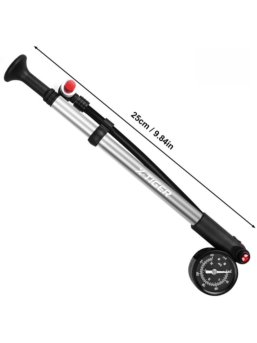 X-TIGER 25cm Shock Pump 300PSI Bicycle Manual Air Pump with Gauge for MTB Fork & Rear Suspension