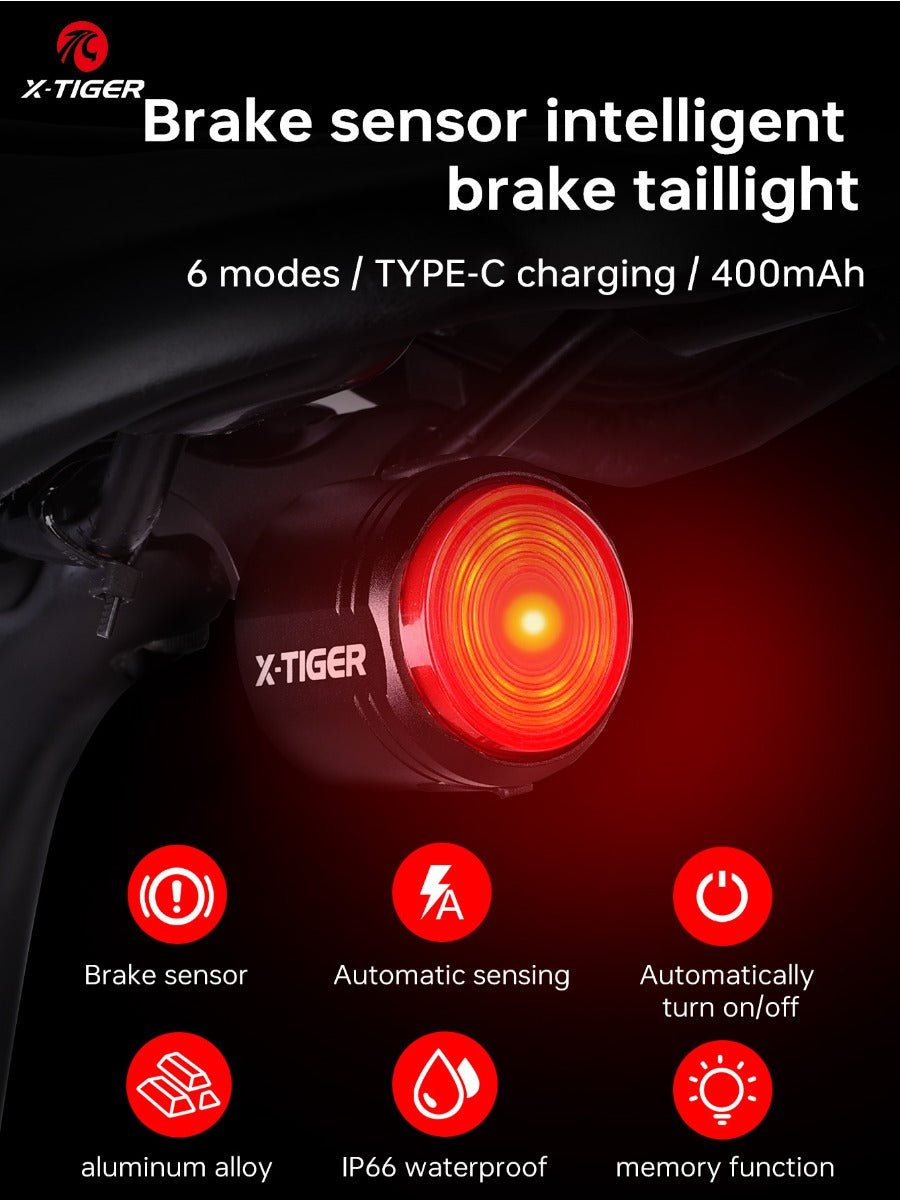 X-TIGER Bike Rear Light High Brightness Smart Brake Sensing Light IPX6 Waterproof LED Charging Taillight