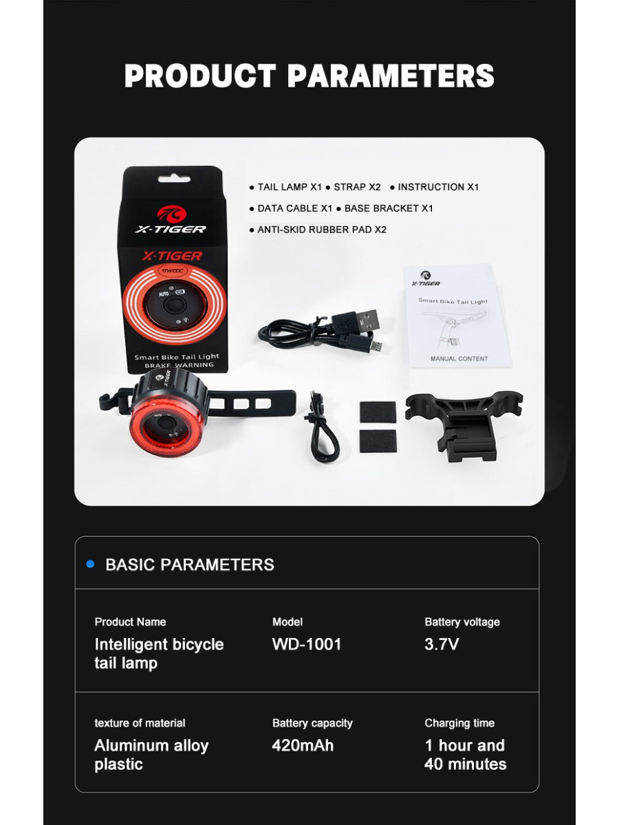 X-TIGER Bike Rear Light Smart Brake Sensing Light Bicycle Tail Light IPX6 Waterproof LED Charging Taillight
