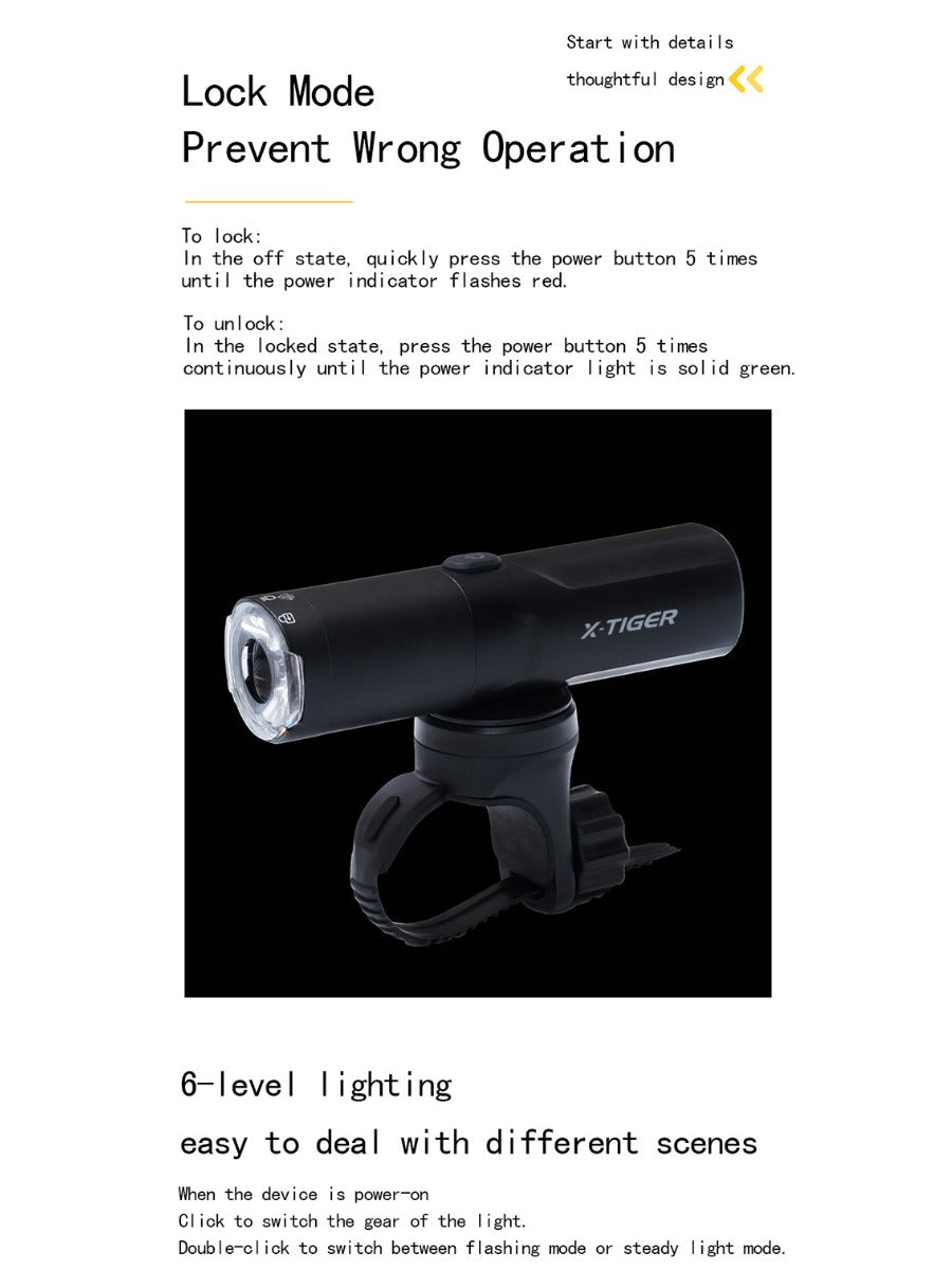 X-TIGER Bicycle Light IP66 Rainproof Bike Flashlight Type-C Rechargeable MTB Road Bike Front Lamp