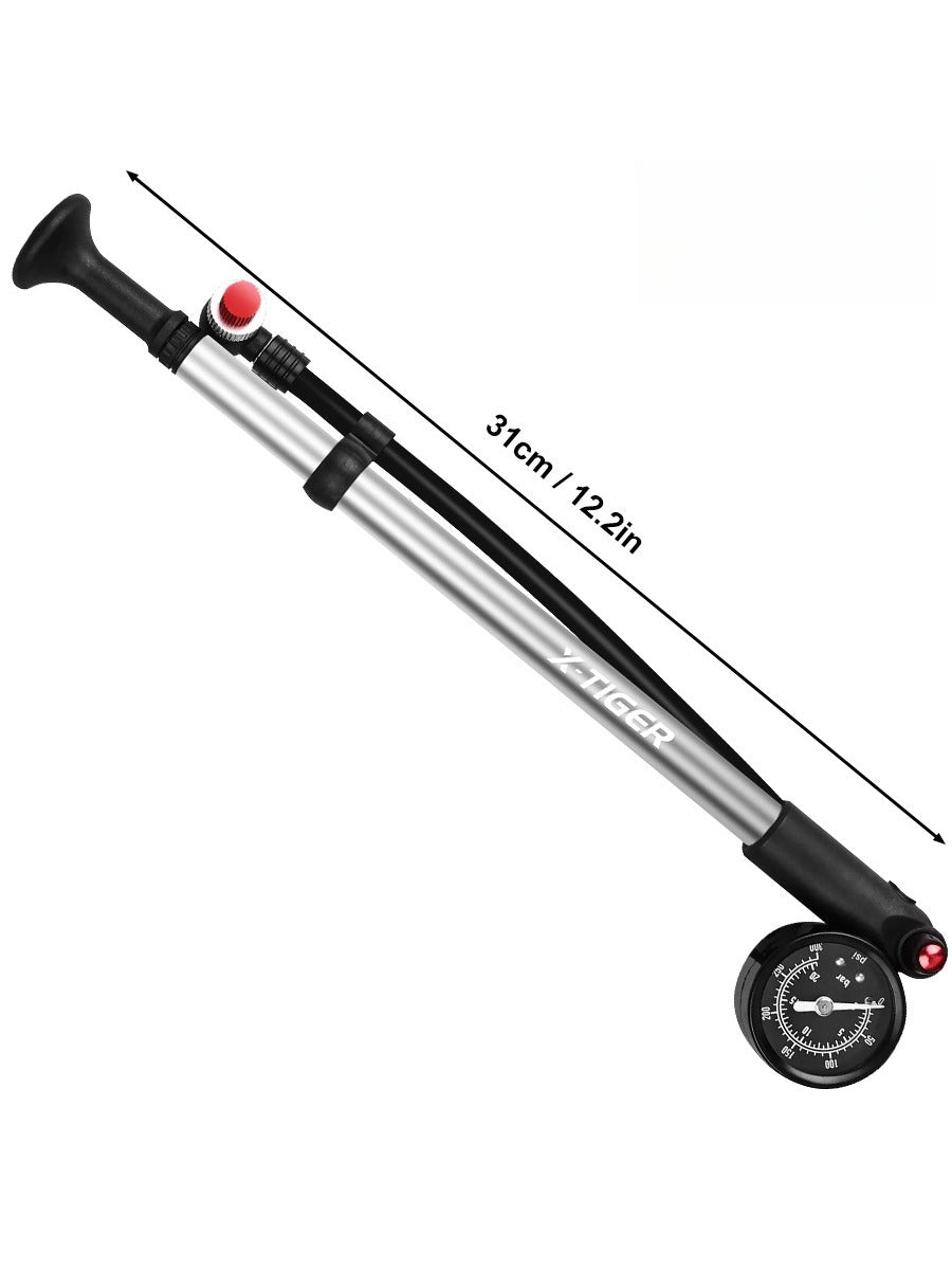 X-TIGER 25cm Shock Pump 300PSI Bicycle Manual Air Pump with Gauge for MTB Fork & Rear Suspension